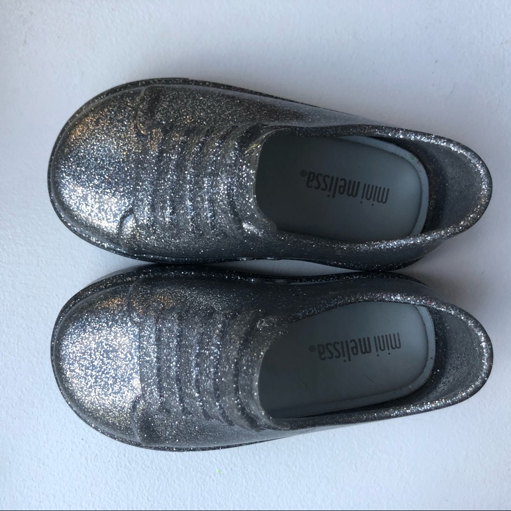 mini Melissa silver glitter slip on shoes
